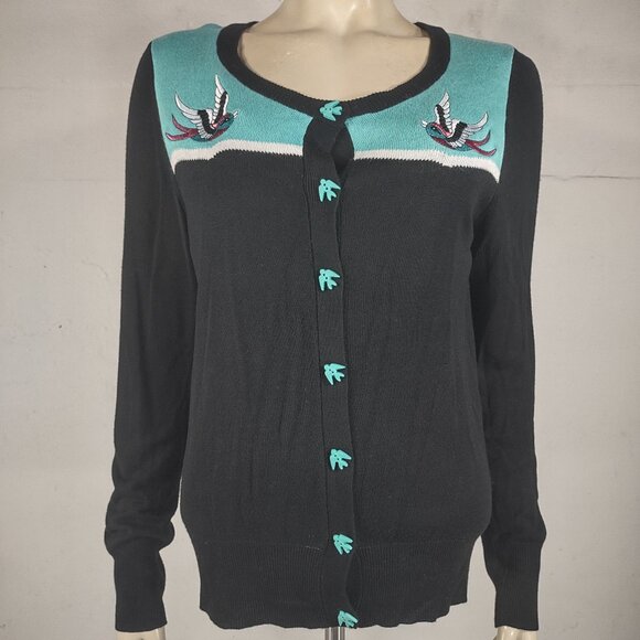 Too Fast Sweaters - Too Fast black teal embroidered birds button front cardigan sweater ladies Large